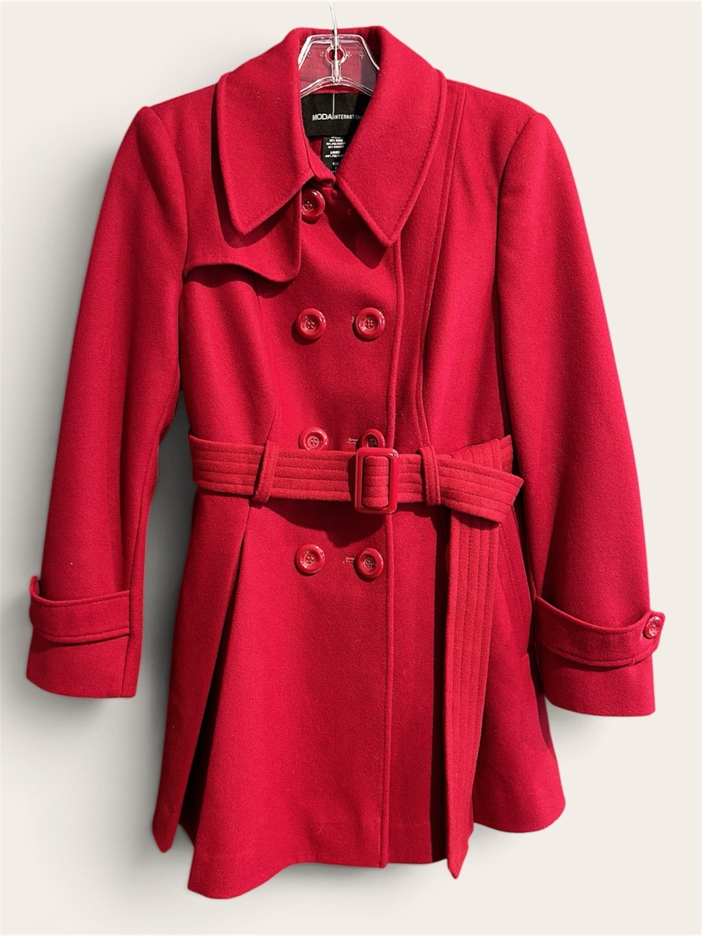 Moda International Women’s Red Double-Breasted Belted Coat